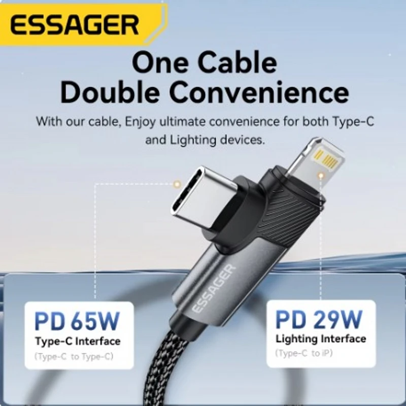 Essager Cable de ángulo recto 2 en 1 C-L 29W C-C 65W Cable de datos de codo de carga rápida para iPhone 16 15 14 MacBook Lenovo Dell iPad Pro