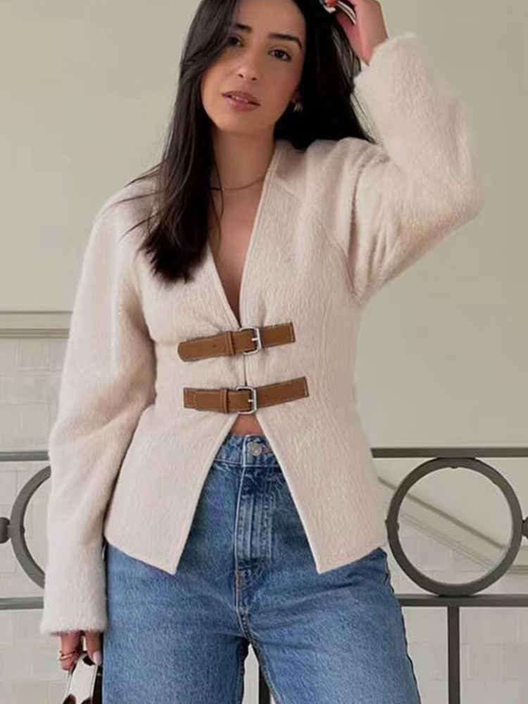 HH Retro lederen gesp wollen jas damesmode effen v-hals lange mouw beige jas herfst lente chique vrouwelijke streetwear