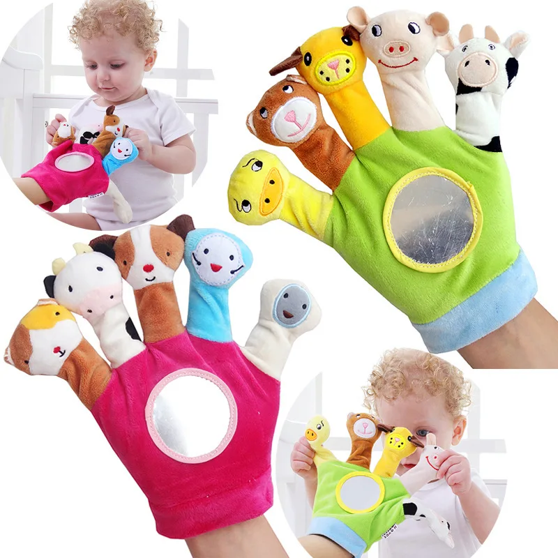 Cartoon Animal Toddler Puppet Plush Finger Toy With Safety Mirror Children Educational Hand Puppet ParentChild Interactive Glove