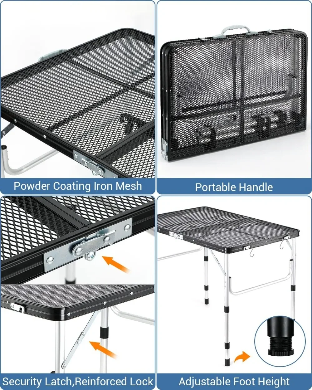 Folding Table, Height Adjustable Camping Table with 2 Hooks, Lightweight & Compact Aluminum Portable Grill Table for Outdoor