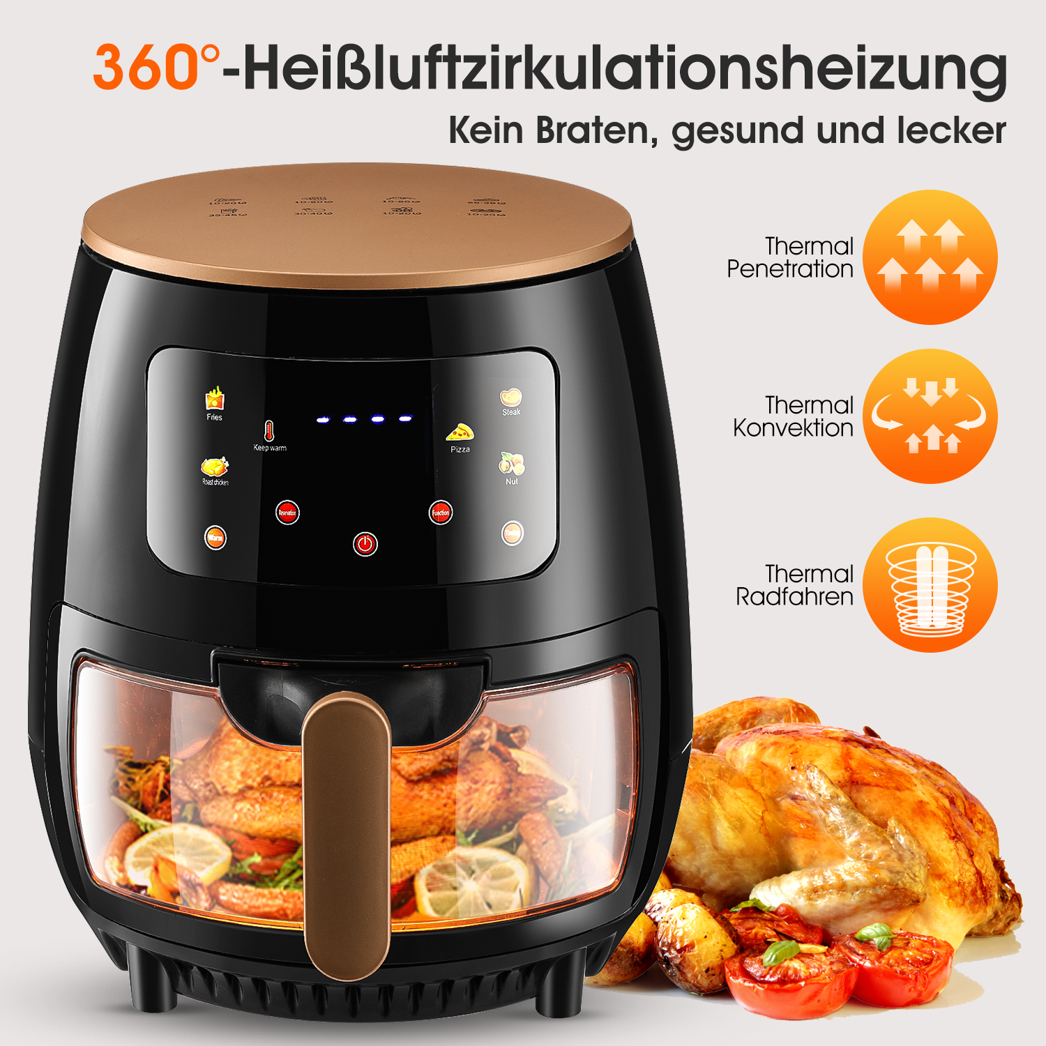 Heißluftfritteuse 6L Friteuse Heissluft ohne Öl XL, Air Fryer mit Sichtfenster LED-Touchscreen, 8 Programmen luftfritteuse 1400W, Einstellbare Temperaturregelung Gute Grillergebnisse