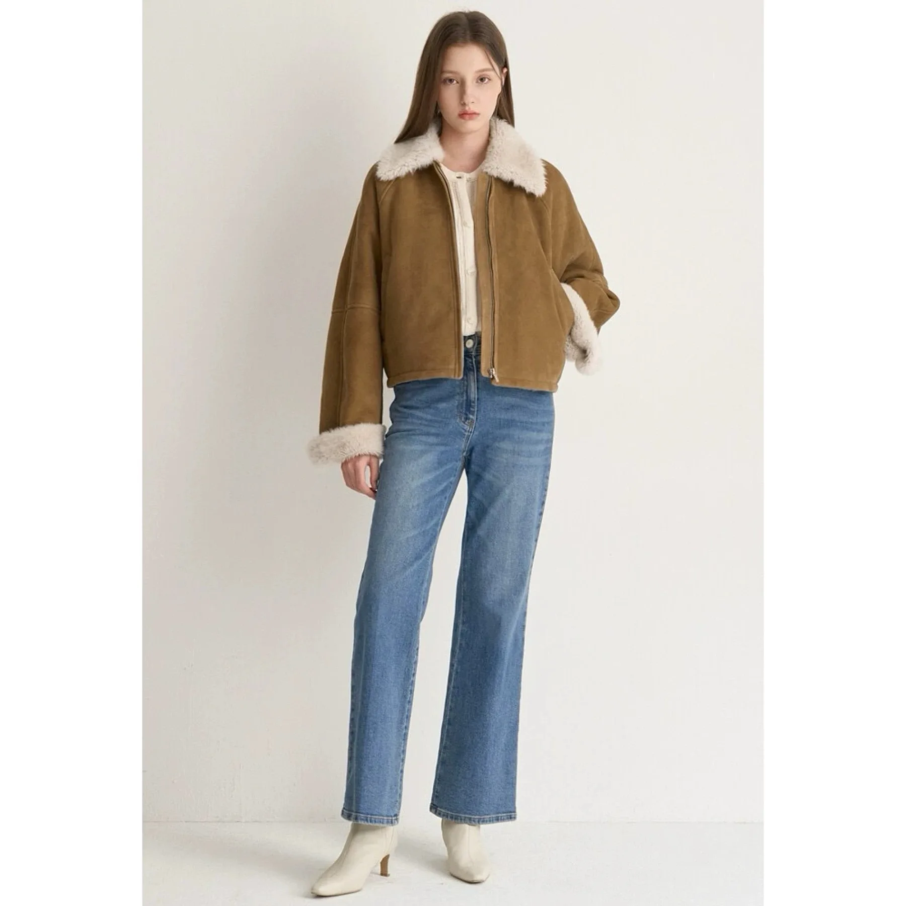 Jaqueta Curta de Couro e Pele com Gola Destacável Design de Uso Duplo Casual Quente Lemon Cheese MIN25 Outono Moda Fena