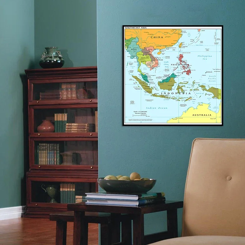 Póster decorativo de pared con mapa del sudeste asiático, lienzo no tejido, sin marco, para decoración del hogar y la sala de estar, 60x60cm