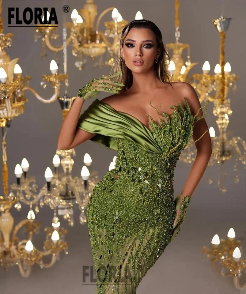 Luxus Grüne Perlen Meerjungfrau Abendkleider Perlen Kristall Arabisch 3D Applikationen Spitze Meerjungfrau Prom Kleid Angepasst Robe De Soiree