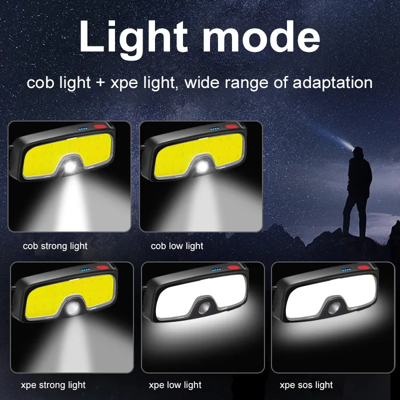 Lampada frontale COB LED super luminosa ricaricabile 180 °   Lampada frontale Torcia esterna impermeabile da corsa Pesca Campeggio Escursionismo Faro