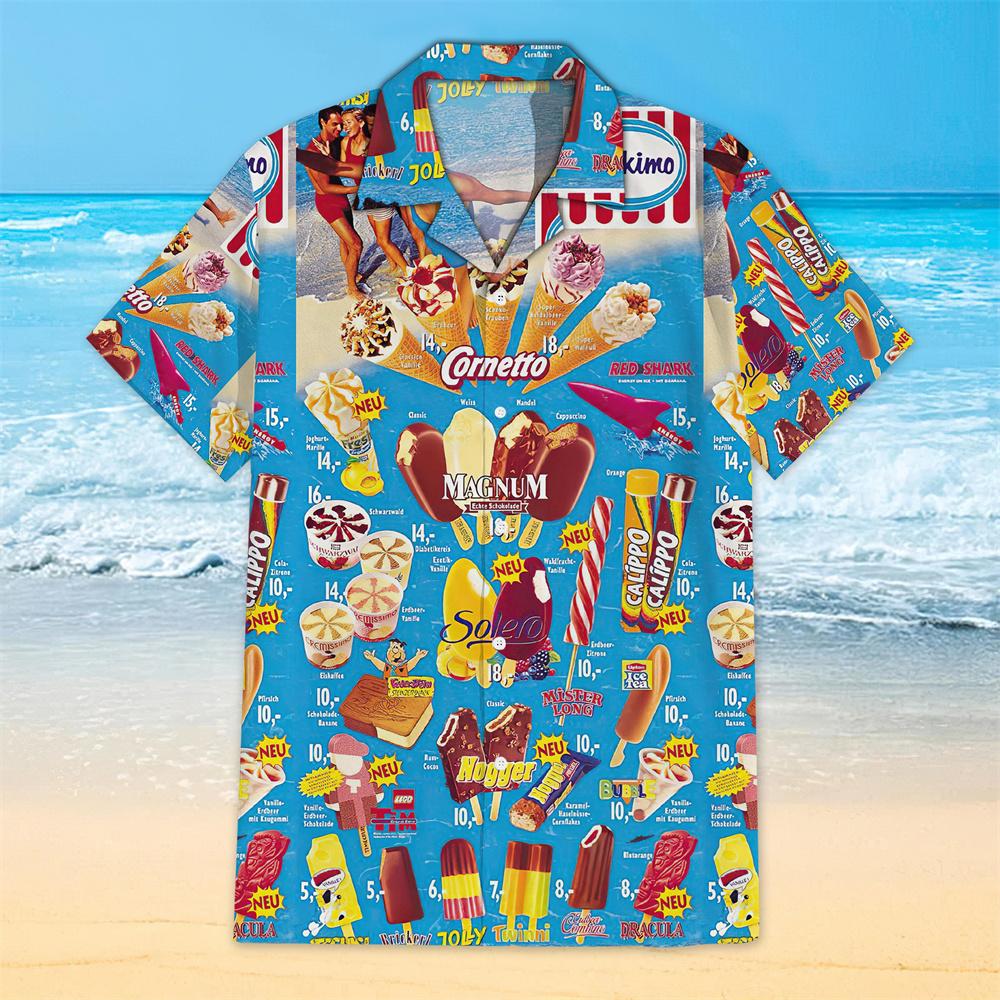 เสื้อฮาวายพิมพ์ลาย3D ลายไอศกรีมแขนลำลองขาสั้นเสื้อเชิ้ตผู้ชายฤดูร้อนเสื้อสเปนขนาดใหญ่สำหรับทริปชายหาด