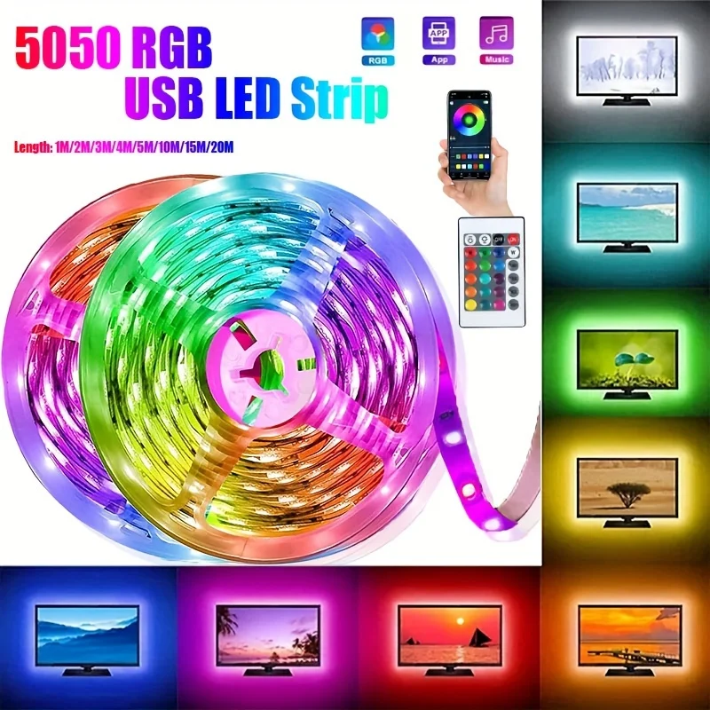Tira de luces LED RGB de 1-5M, 5050 colores, USB que cambia, Bluetooth, Control por aplicación, lámpara Led, cinta de diodo para decoración de habitación, retroiluminación de TV
