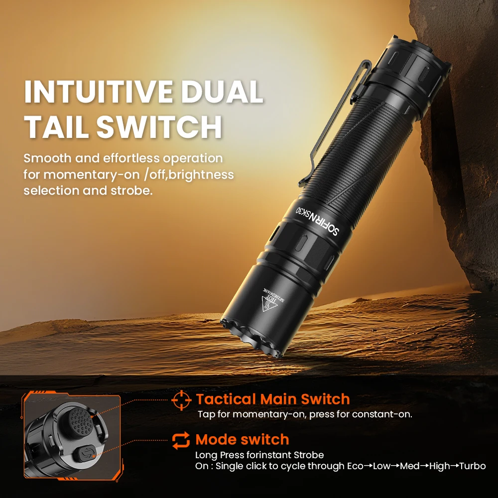 SOFIRN SK30 3000LM Tactical Flashlight 6000K SFT70 LED Light 21700 USB C Rechargeable EDC Torch with Double Switch