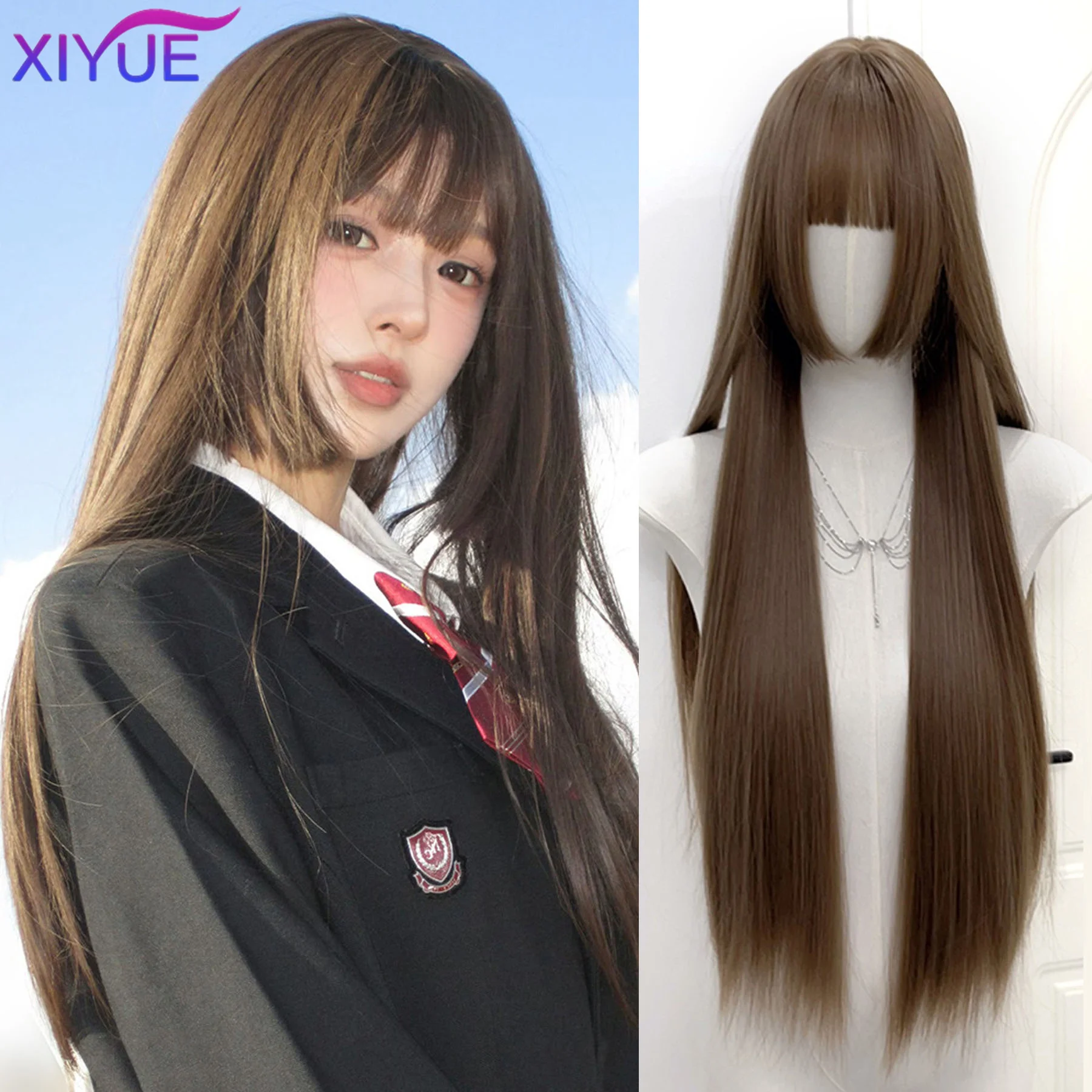 Synthetische lange Perücke mit Pony im Prinzessinnen-Schnitt, natürlicher Look und Pony, lange hitzebeständige braune Perücke für Frauen