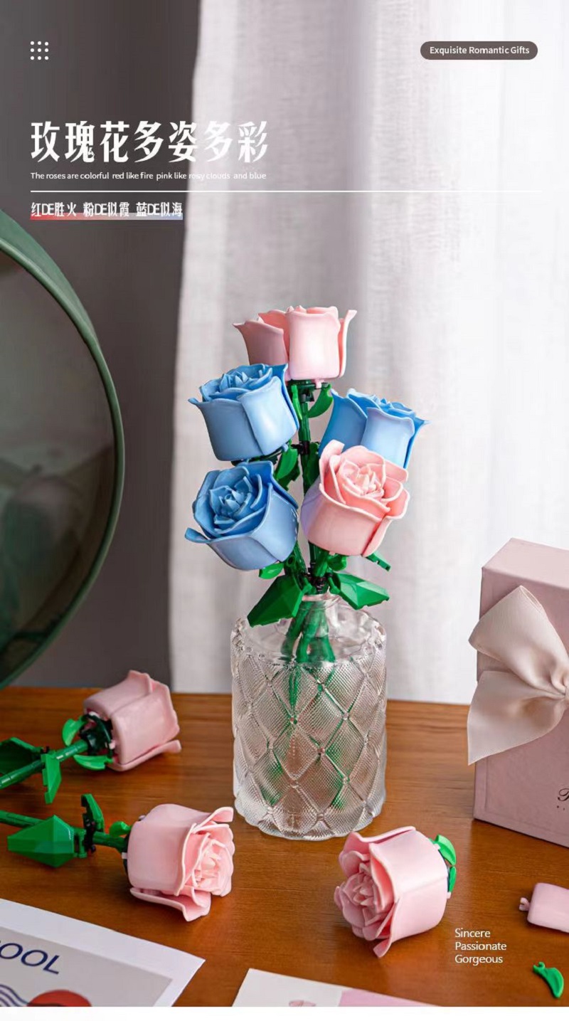 โรแมนติก Rose ดอกไม้ช่อดอกไม้ Building Block Eternal ชุดประกอบโรงงานพลาสติกอิฐตกแต่งบ้านวันแม่วันเกิด R ของขวัญ