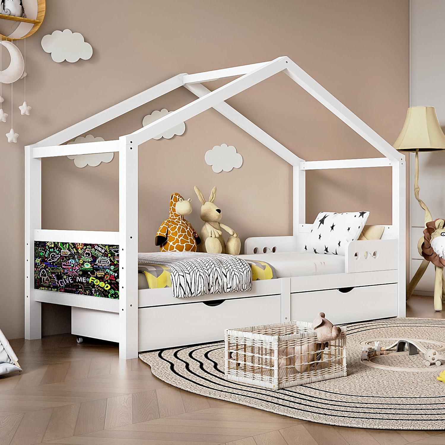 Cama Infantil de 90 x 200 cm – versátil Cama Infantil de Madera para niños y niñas (Blanco + 2 cajón)