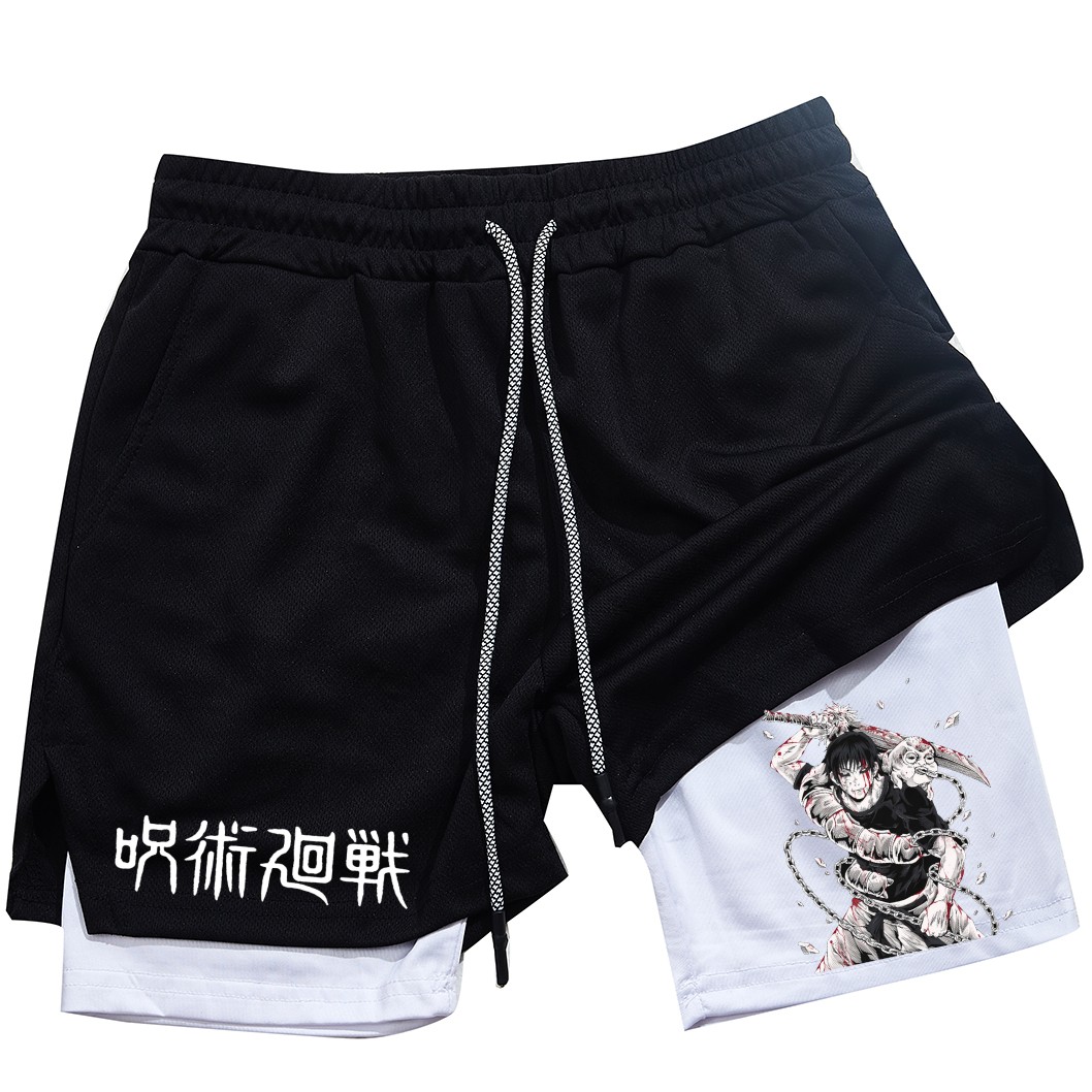 Pantalones cortos deportivos con estampado de Toji para hombre, Shorts deportivos informales de entrenamiento, malla para correr, 2 en 1
