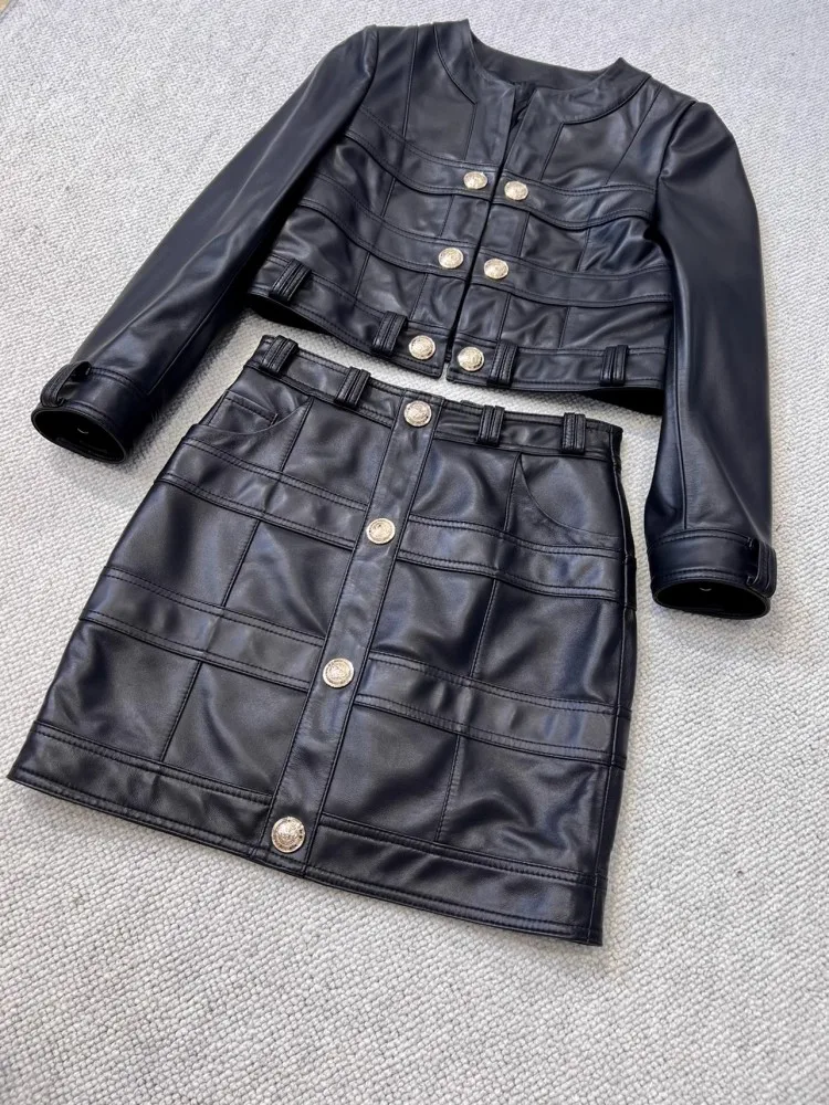 Slim Fit Hohe Taille Frauen Echtes Leder Jacke Oansatz Langarm Zweireiher Mode Designer Dame Schaffell Kurzen Mantel