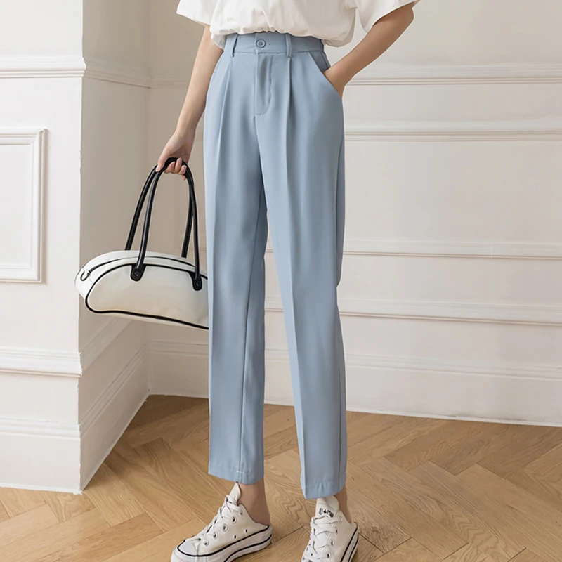 Outono primavera preto terno haren calças femininas moda elástica cintura alta calças casuais mulher estilo coreano sólido escritório pant 2023