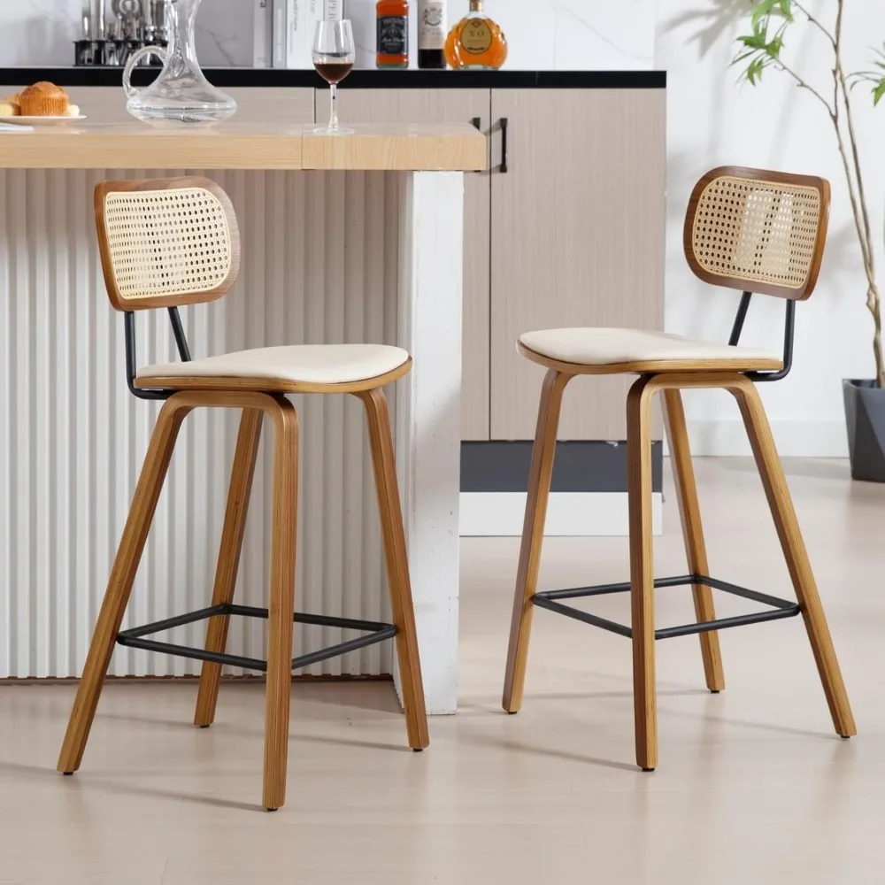Modern Bar Stools Set of 2 26 Counter Height Barstools with Rattan Back PU Upholstered Kitchen Island Chair with Solid Wood Legs