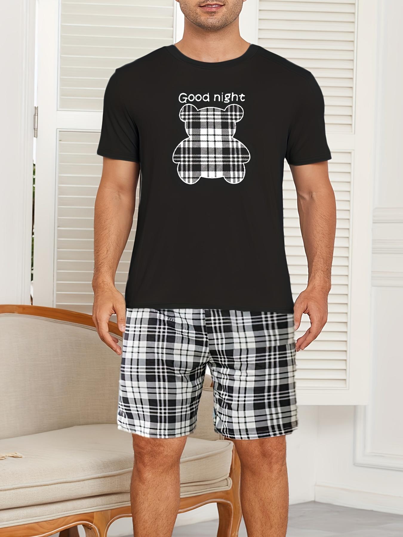 Męski zestaw piżam bawełnianych z nadrukiem niedźwiedzia z kreskówek – koszulka z krótkim rękawem i pasujące szorty |   Letnia odzież codzienna 2-częściowa