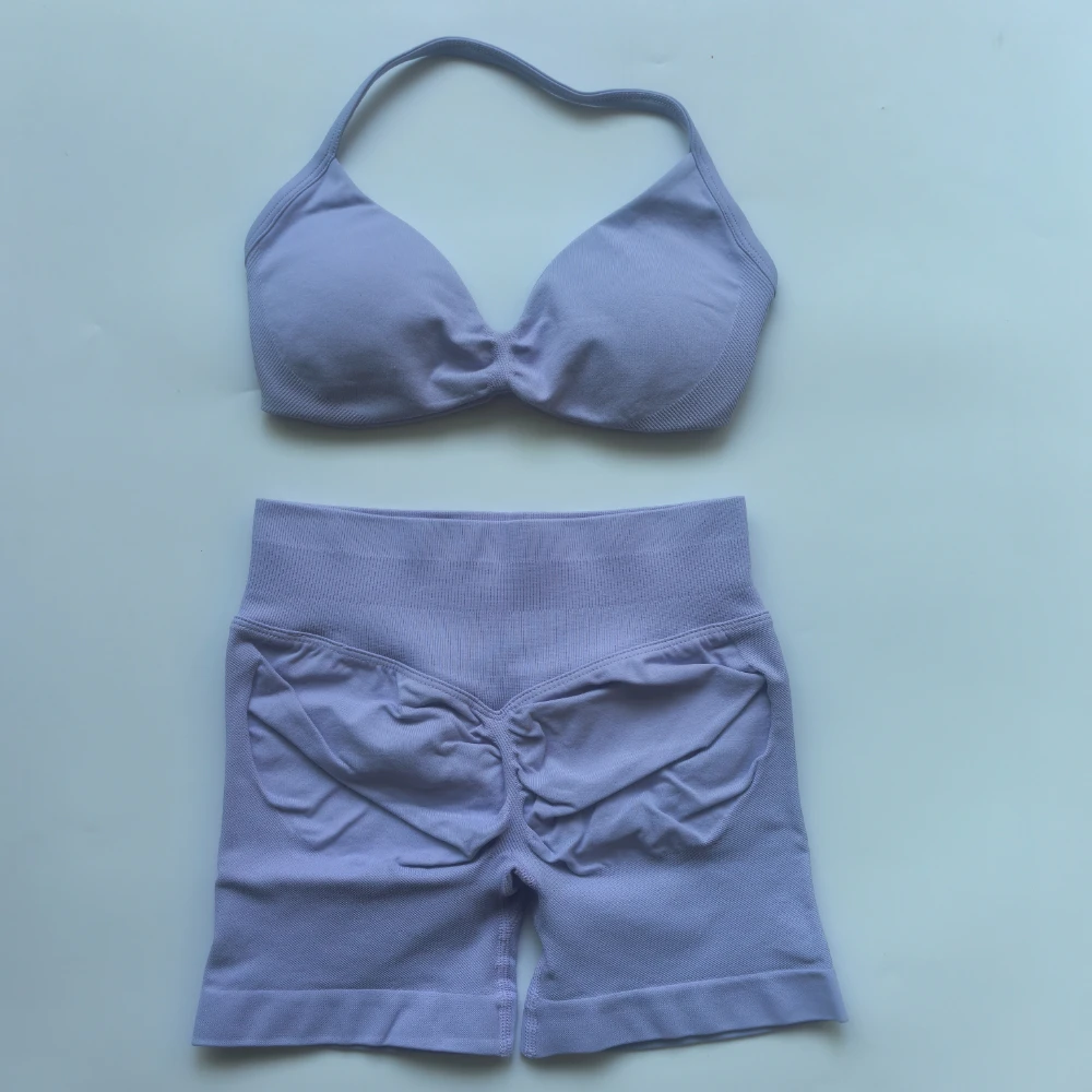 Conjunto de gimnasio de 2 uds., sujetador de Yoga con tiras para mujer, Top de cintura alta, pantalones cortos de entrenamiento, traje deportivo, conjunto de Yoga sin costuras, ropa de Fitness