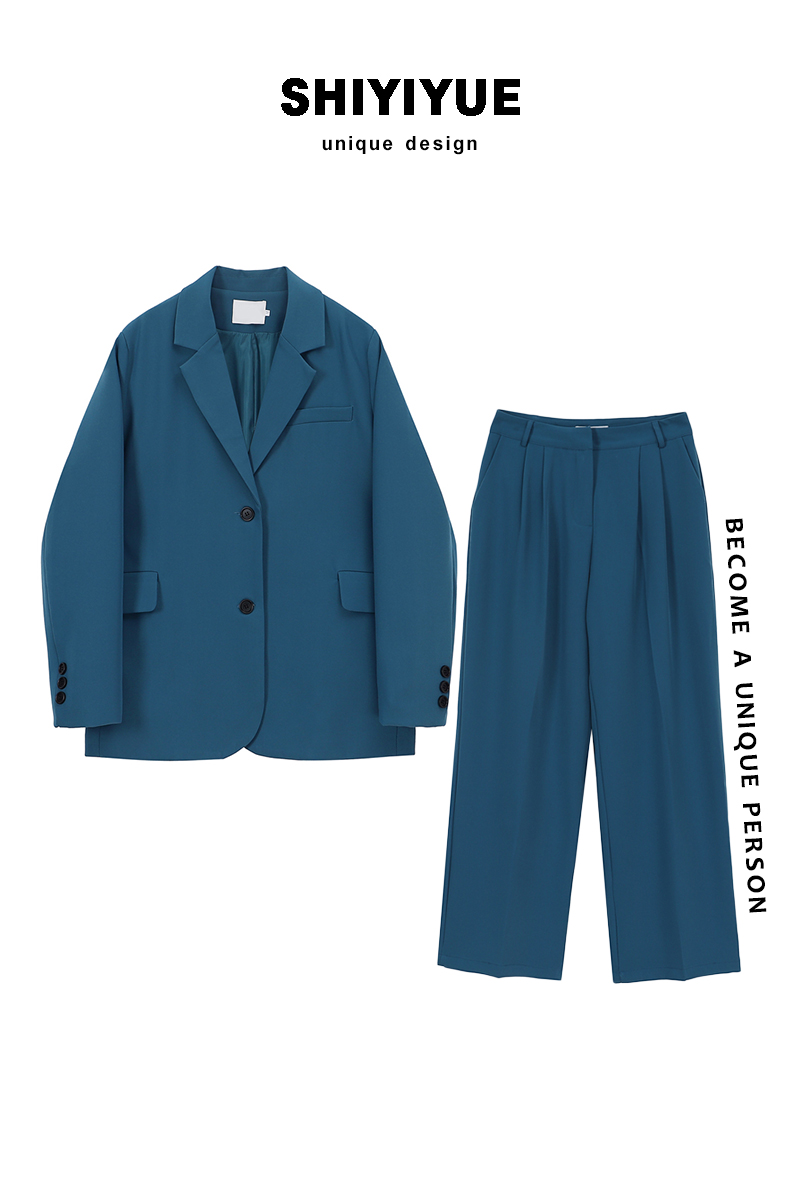 Jaket Bella Philosophy Lake Blue Celana Panjang Musim Semi Wanita Blazer Chic Setelan Dua Potong Setelan Kantor Lengan Panjang Berkancing Dua Baris