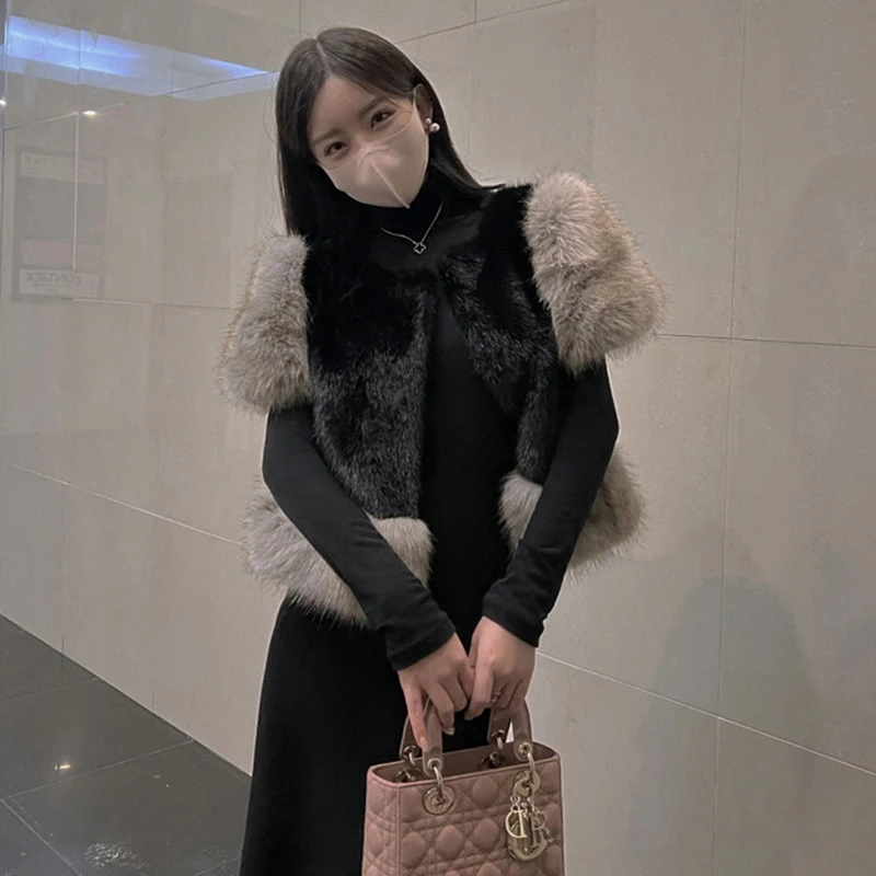 Elegante Faux Pelz Weste Frauen Gestellte Patchwork Flauschigen Jacke Vintage Kurzen Pelzigen Mantel Weste Koreanische Party Schwarz Plüsch Outwears