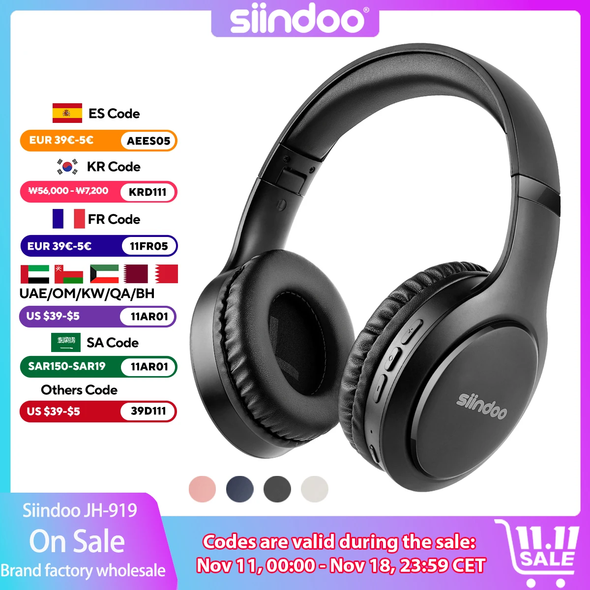 Siindoo JH-919 auriculares inalámbricos Bluetooth auriculares estéreo plegables micrófono de reducción de ruido Supergraves para Iphone portátil PC TV