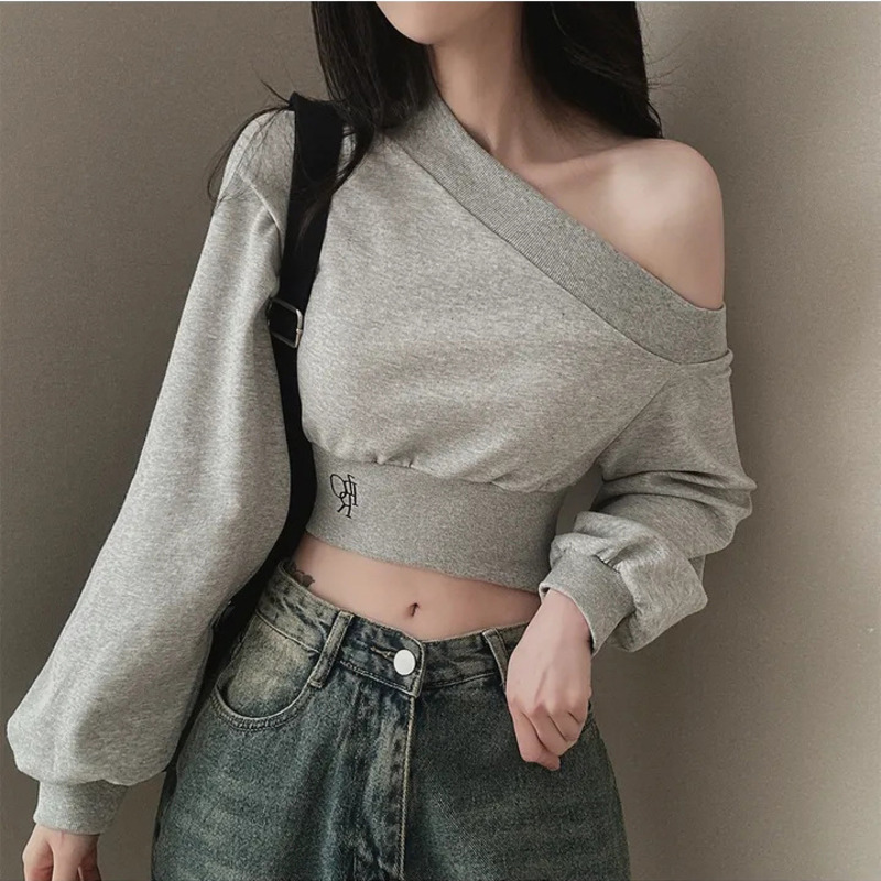 Sudaderas con capucha irregulares con cuello oblicuo para mujer, sudaderas sexys a la moda, manga larga abombada, Jersey corto liso ajustado, Tops 2024
