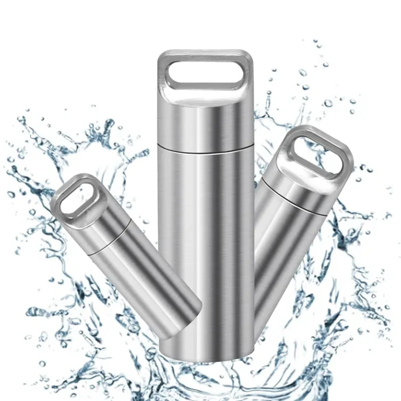 Mini sigillato impermeabile in acciaio inossidabile 304 Contenitore portatile per pillola Contenitore sigillato per piccole parti di utensili Bottiglia di stoccaggio con portachiavi