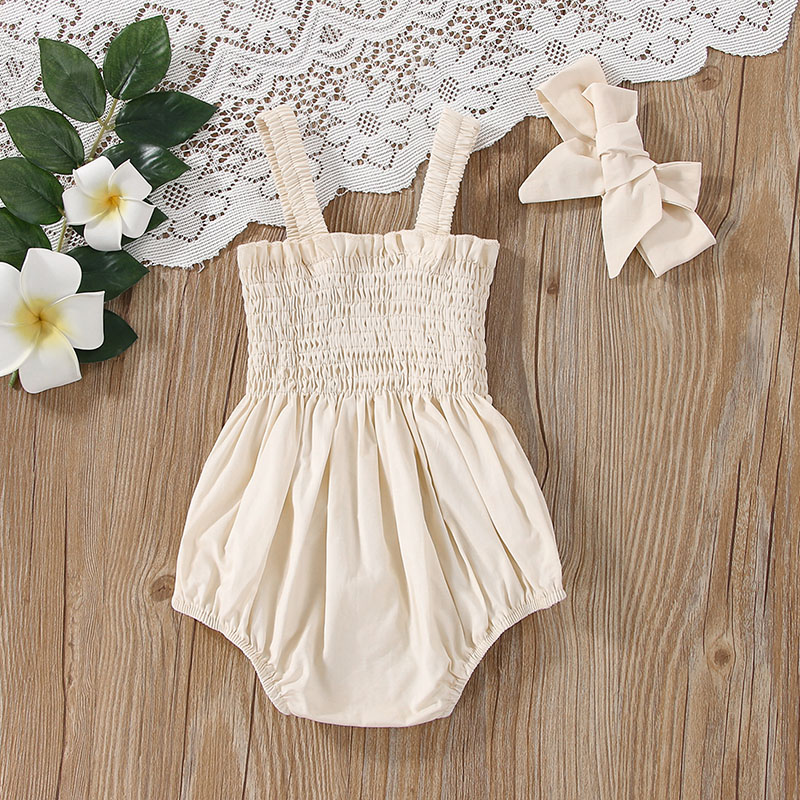 Ropa de bebé, mono de verano, conjunto de Color sólido fruncido para niño niña, informal, sin mangas, con tirantes, peleles para niños, conjunto con diadema
