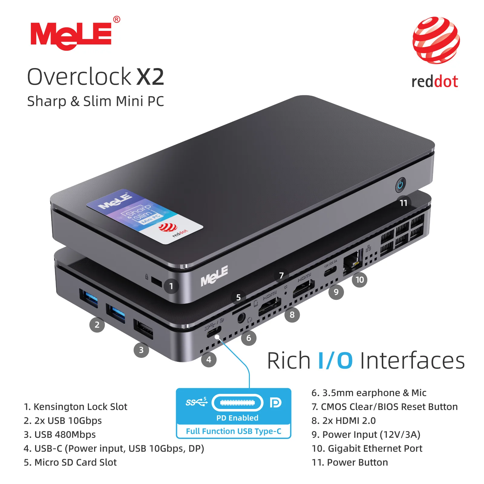 MeLE Overclock X2 Mini PC, N150 16GB 512GB Mikro Komputer Stacjonarny, 4K Potrójny Wyświetlacz, All-in-one USB-C, USB3.2/WiFi/BT/Ethernet