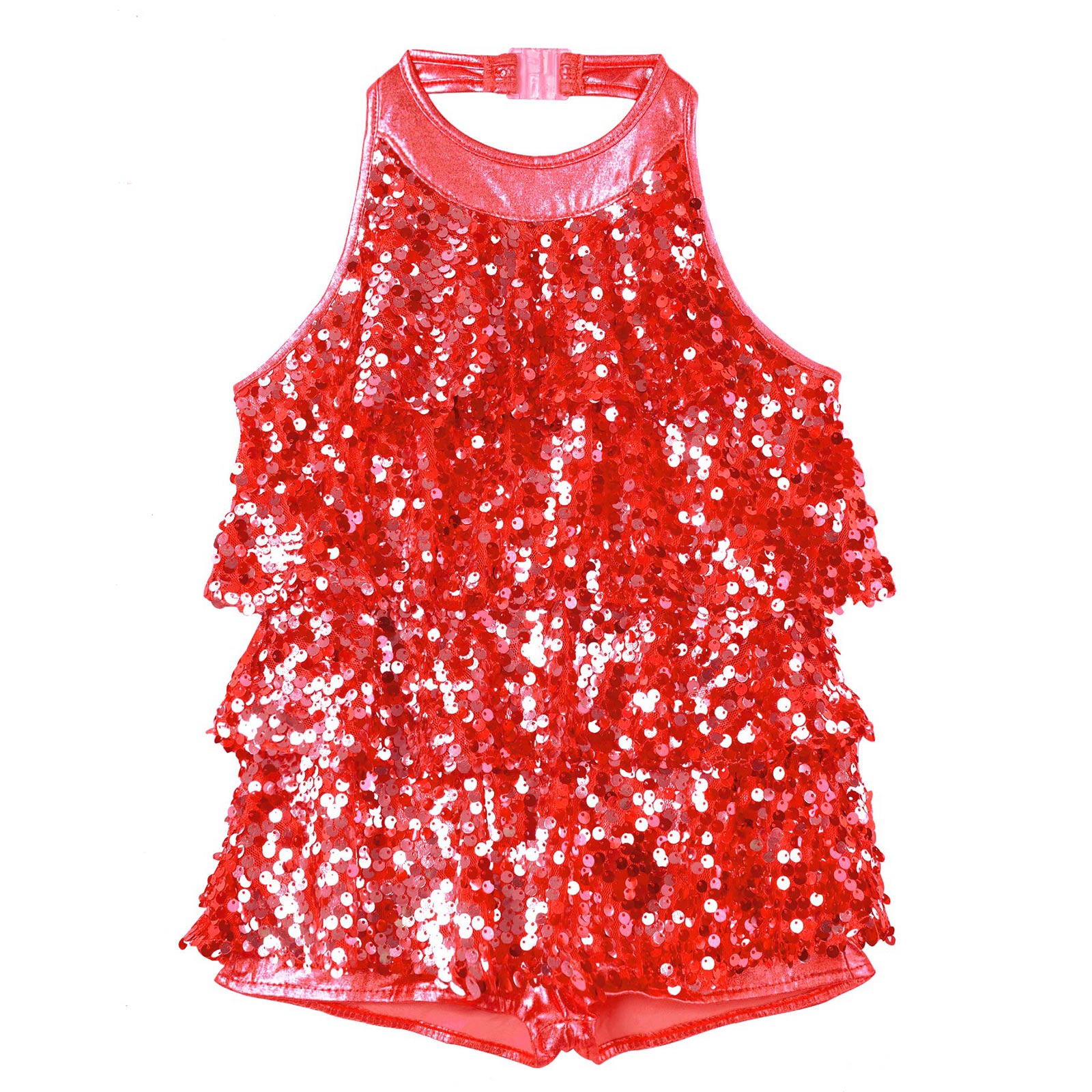 Traje de baile latino de Jazz moderno para niñas, vestido corto con lentejuelas brillantes y cuello Halter, ropa para el escenario