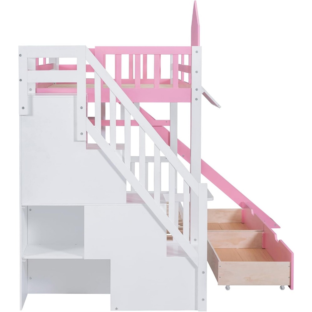 Twin Over Twin Bunk Bed with Storage and Drawers for Kids Boys Girls Solid Wood Bunk Bed with Slide and Staircase