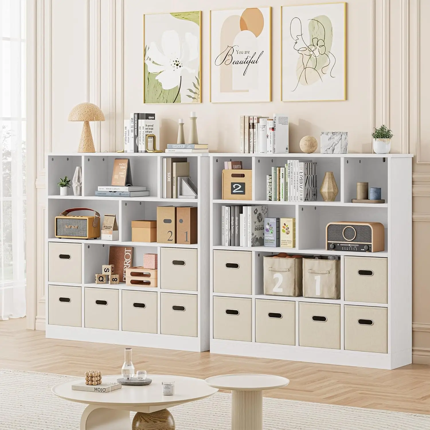 IRONCK Wooden 12-Cube Storage Organizer Shelf with 6 Bins, Toy Storage and Bookshelf, 3-Tier Open Bookcase Cubby for Kids, Beige