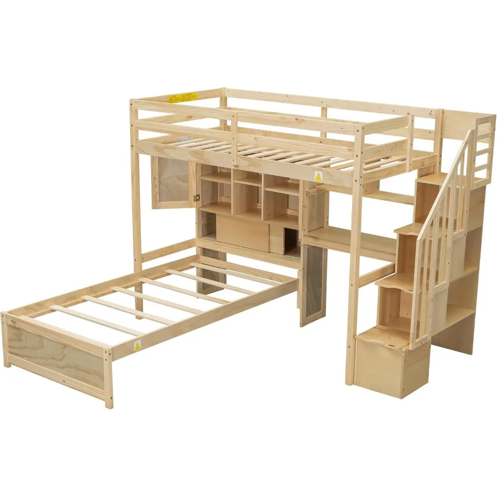 Twin Loft Bed.Twin Over Twin Bunk Beds with Stairs & Desk, Solid Wood Loft Bunk Bed with Storage Stairs Shelves and Drawers,