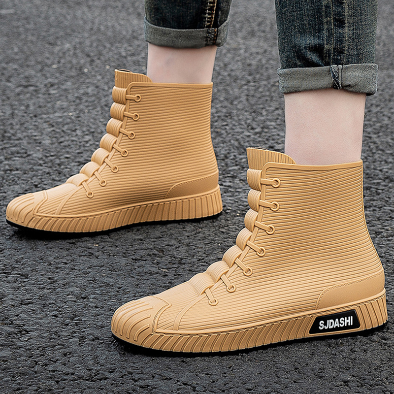 Modische Herren-Regenstiefel, Gummi-Gummistiefel, zum Hineinschlüpfen in der Mitte der Wade, wasserdichte Arbeitsstiefel, bequeme rote, rutschfeste Angelschuhe für Herren