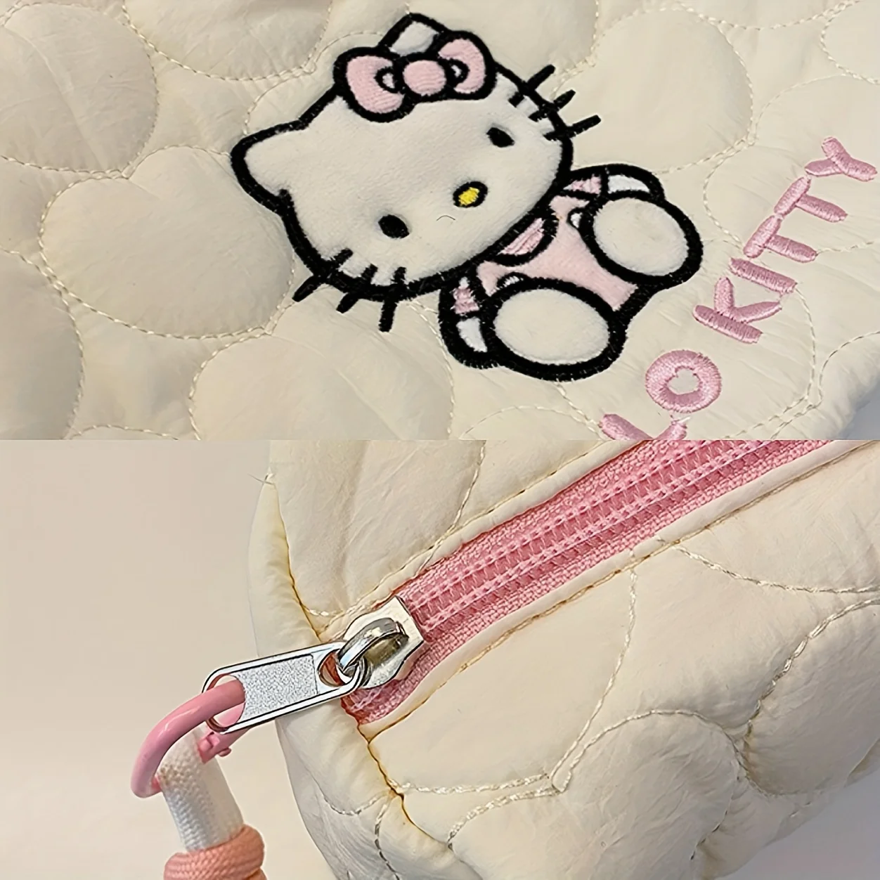 MINISO Hello Kitty กระเป๋าถือความจุขนาดใหญ่ผู้หญิงกระเป๋าแต่งหน้าการ์ตูน Soft Down กระเป๋าเดินทางสําหรับผู้หญิง