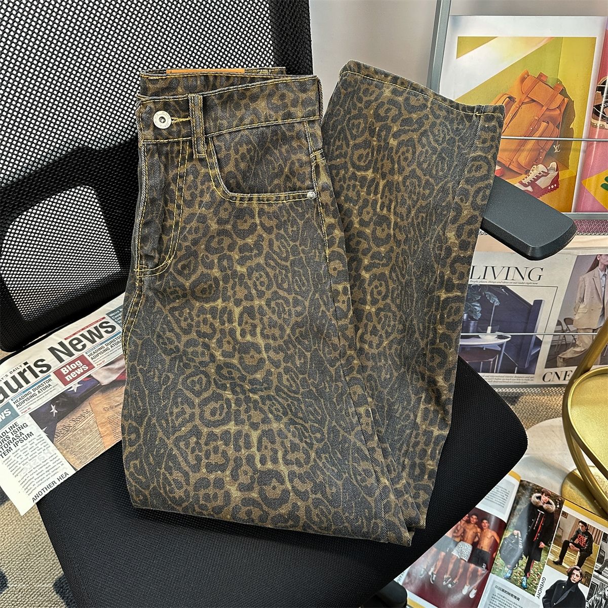 Retro primavera na moda leopardo impressão jeans feminino americano calças de rua alta y2k harajuku estilo baggy cintura alta calças casuais
