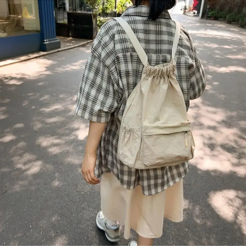 E8FB Trendy Canvas Drawstring Backpack Large Capacity School and Travel Bag for Teens and Adults Solid Color Daypack Book Bag