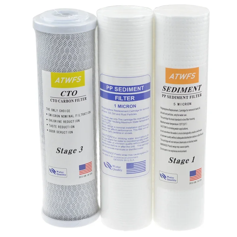 ATWFS 10 นิ้วเครื่องกรองน้ํา 5 ไมครอนผ้าฝ้าย PP Filter + 1 ไมครอน PP Filter + ตลับกรองคาร์บอนที่เปิดใช้งาน