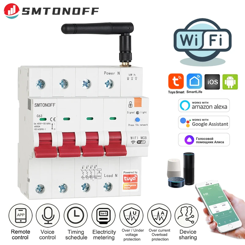 Tuya WiFi inteligente RS485 4P MCB disyuntor medidor prepago temporizador interruptor voltaje Protector de corriente Control de voz Alexa Google Alice
