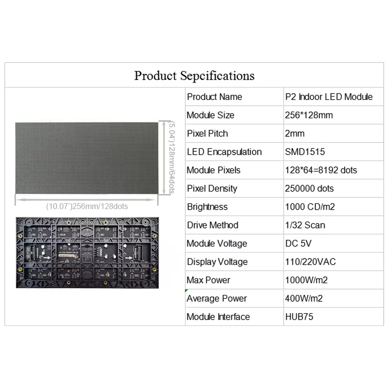 High Resolution P2 256*128mm SMD1515 128x64 Pixel RGB Full Color Indoor LED Panel Matrix LED Advertising TV Display Screen
