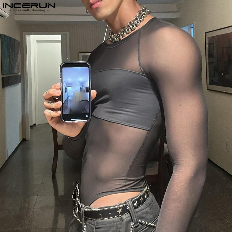 Incerun-メンズ長袖ボディスーツ,ニット,パッチワーク,ラウンドネック,セクシー,ファッショナブル,2023