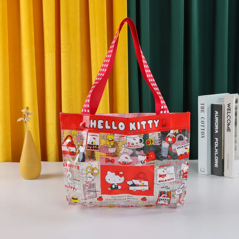 Sanrio Hello Kitty bolsa de maquillaje bolso de dibujos animados Anime linda chica transparente PVC Kawaii estudiante bolsa de almacenamiento portátil de gran capacidad
