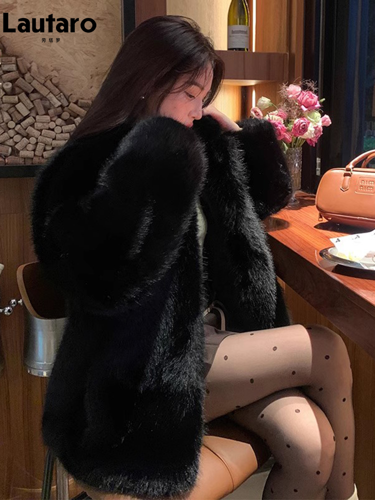 Lautaro-女性のためのフェイクフォックスファーコート、柔らかくて厚い、暖かい、ハーiryシャギー、長袖、スタンドカラー、ふわふわジャケット、黒、秋、冬、2023