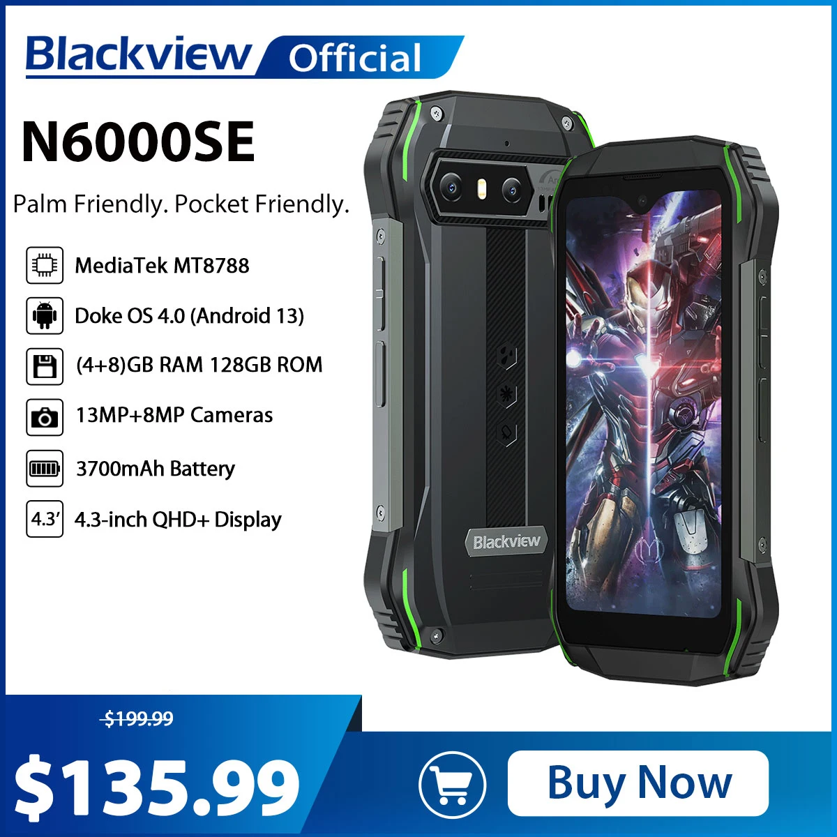 Blackview-teléfono inteligente N6000SE resistente, Smartphone Mini con pantalla de 4,3 pulgadas, MTK Octa Core, 12GB(4 + 8), 128GB, cámara de 13MP, 3700mAh, Android 13