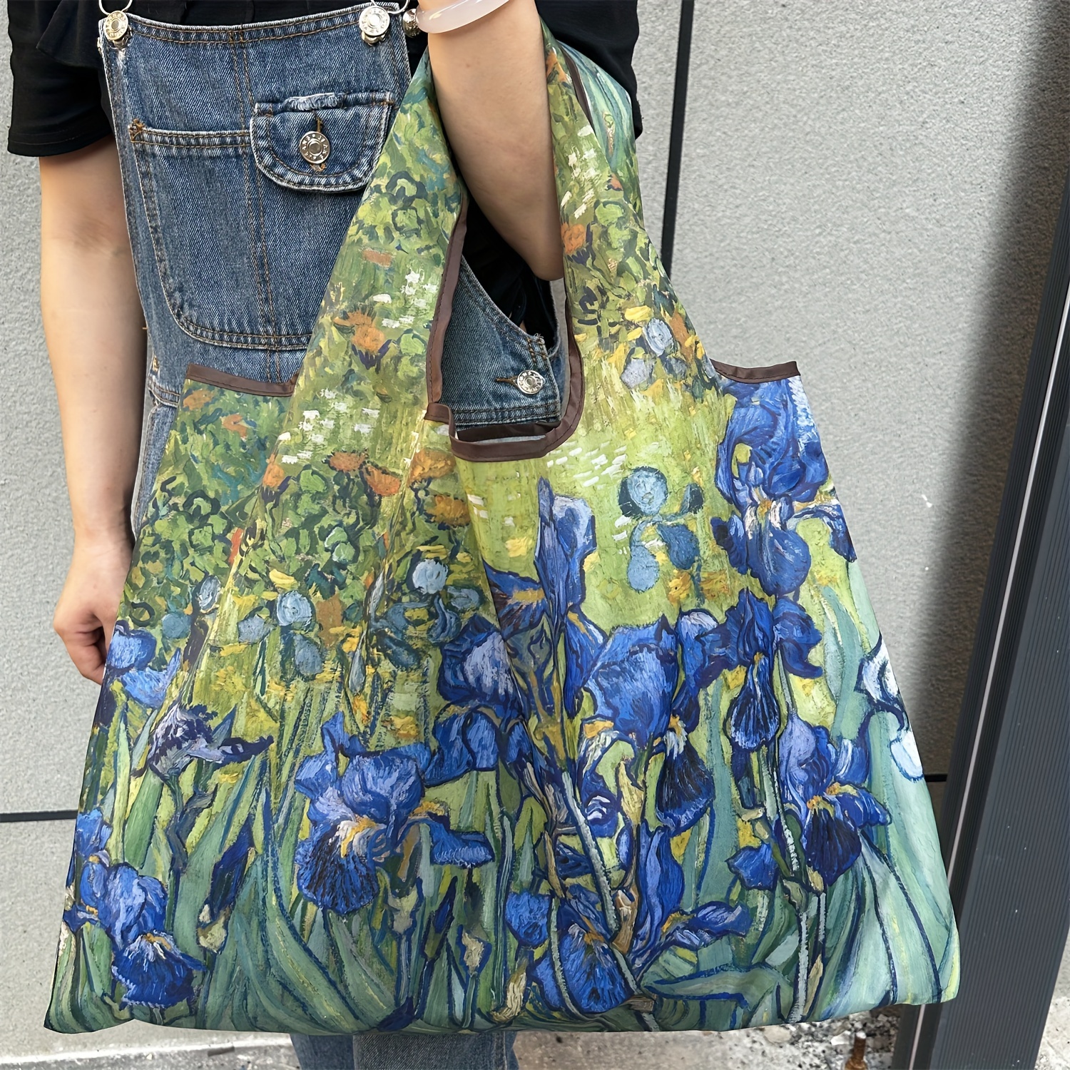 Chic Iris Flower Large Tote Bag Foldaway Convenience Nylon Shopping Bag with Shoulder Strap Lightweight Machine Washable