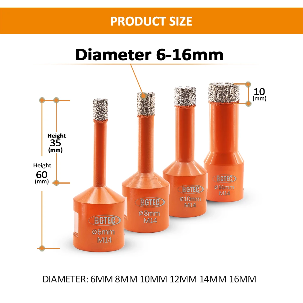 BGTEC 1 Hút Chân Không Chia Lửa Bằng Đồng Nguyên Kim Cương Khoan Bits M14 Ren Sứ Ngói Mũi Khoan Core Bit Đá Cẩm Thạch Nề Lỗ Cưa Cắt dia6-100mm