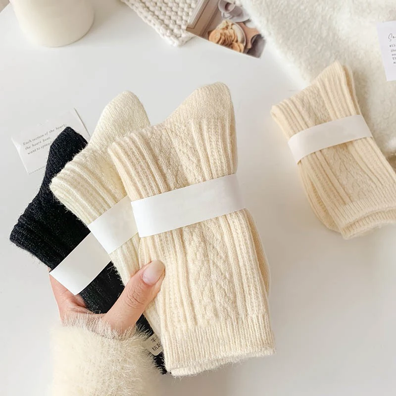 calcetines mujer calcetines blancos calcetines marca calcetines Calcetines térmicos de lana de Cachemira para mujer, conjunto de Color sólido, cálido, negro y blanco, moda japonesa, invierno, nuevo, 6 pares por lote