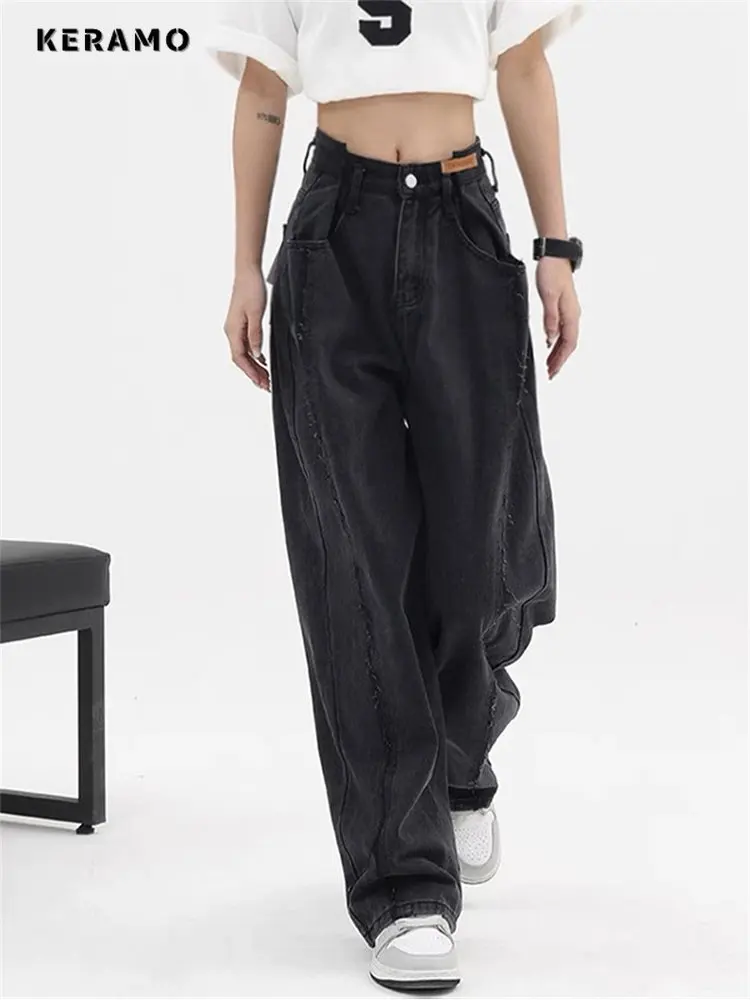 2024ผู้หญิงBaggyยาวกางเกงยีนส์Harajukuกางเกงขากว้างสีดําStreetwearวินเทจสูงเอวกางเกงยีนส์กางเกงกระเป๋าขนาดใหญ่Y2kหญิง
