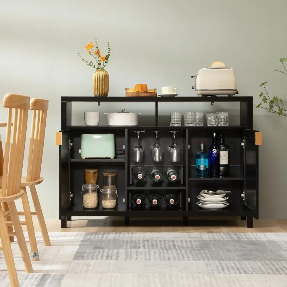 Rattan Coffee Bar Cabinet, Modern Liquor Cabinet with Wine Racks Credenza, 51" Sideboard Buffet Cabinet with Storage