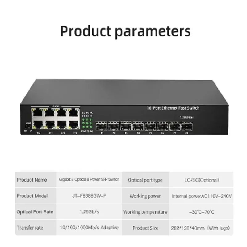 ZJ Full Gigabit 8 puertos SFP + 8 puertos RJ45 Switch de fibra SFP Compatible con todos los módulos ópticos Gigabit Plug and Play
