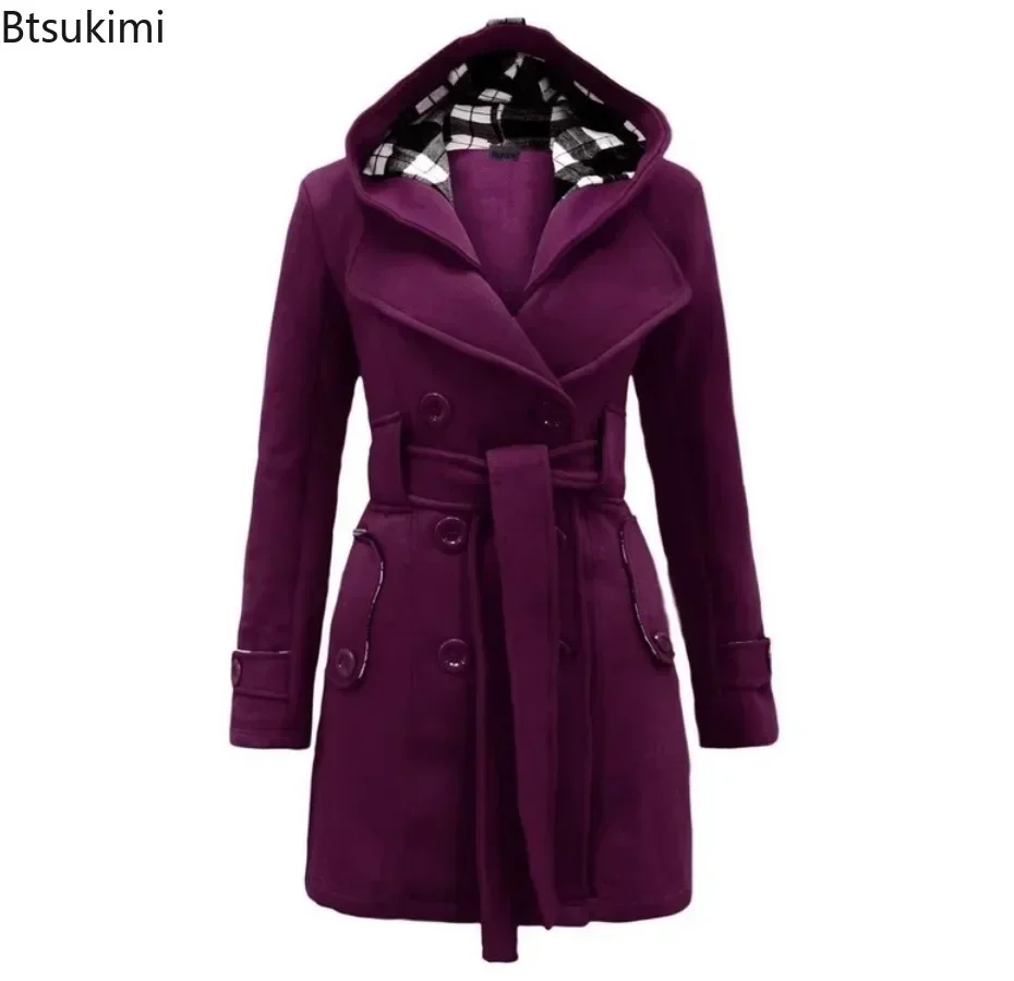 2025 herbst frauen Mit Kapuze Mantel Trend Zweireiher Design Gürtel Seitentaschen Plaid Splice Woolen Mäntel Winter Jacke Femme